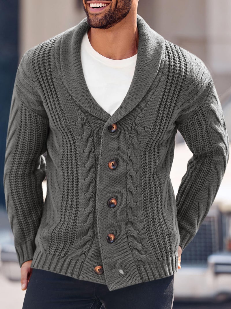 Karlywindow Mens Cable Knit Cardigan Sweater Shawl Collar Loose Fit Long Sleeve Casual Cardigans Grey - Image 2